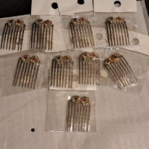 Colorful Flower Pairs On Wire Hair Combs Set Of 9